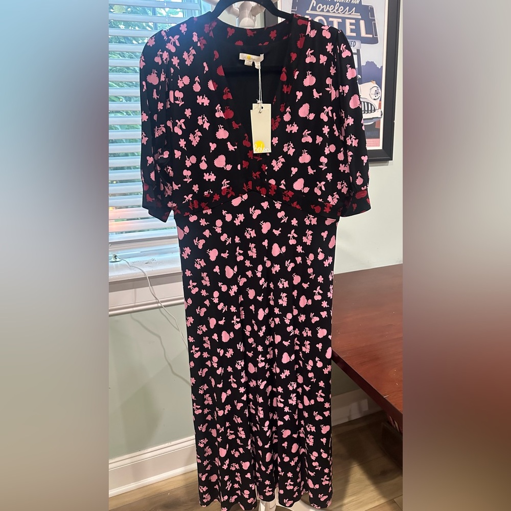 Boden 14 Large XL Tea Dress Black Dress with Pink Floral Accents Empire Waist